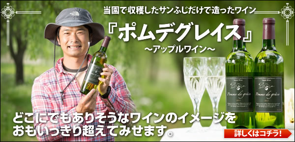 当園で収穫したサンふじだけで作ったワイン、ポムデグレイス~アップルワイン~どこにでもありそうなワインのイメージをおもいっきり超えてみせます